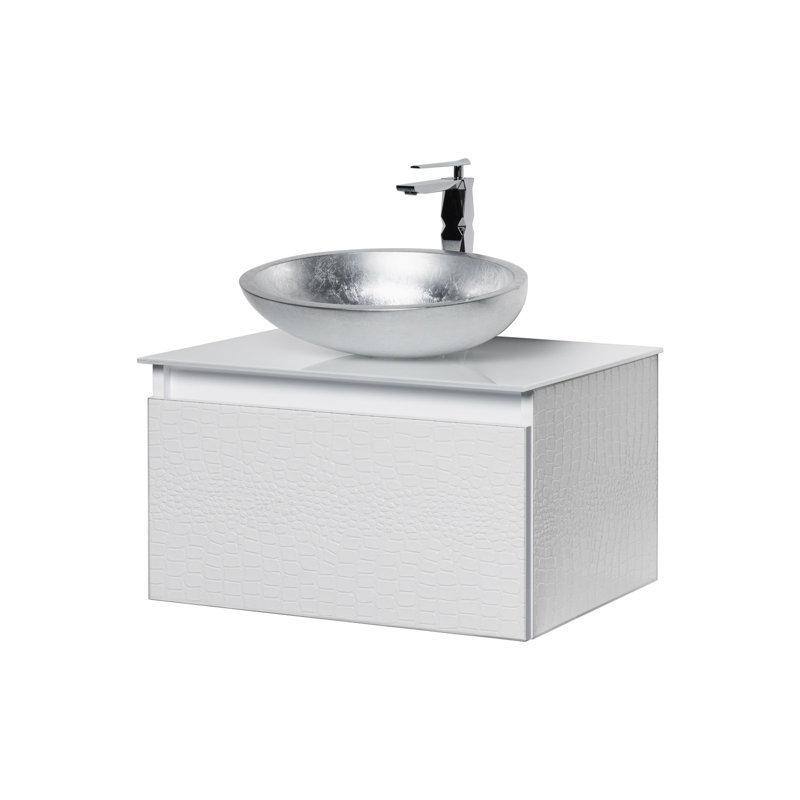 Meuble-lavabo simple avec comptoir, Crocodile blanc, 24", Verre trempé blanc