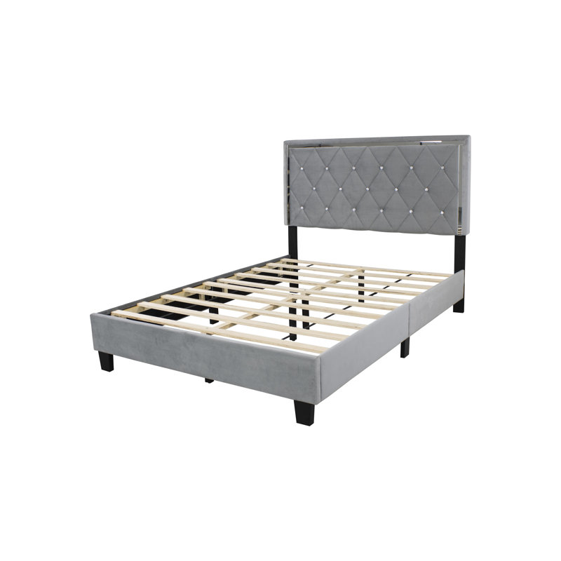 Lit plateforme tapissier en bois Fusco, Grand, gris