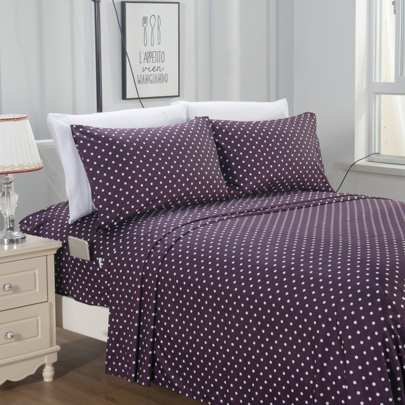 Polka Dots Microfiber Percale Sheet Set, Soft, Hypoallergenic, and Antimicrobial Bedding, Purple, Full/Double