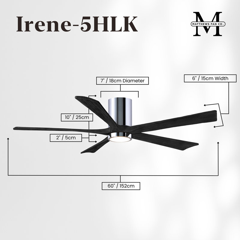 Irene Flushmount Light Kit 5 Blade LED Ceiling Fan, Polished Chrome, Matte Black, 60"