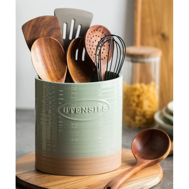 Earthenware Round Utensil Crock, Green/Brown, 6.7" H x 5.2" W x 7.2" D