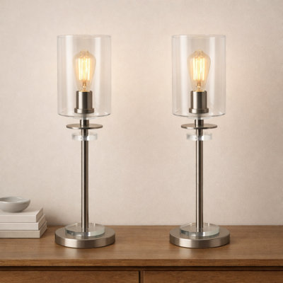 Royal Designs, Inc. 25" Crystal Accent Table Lamps Set of 2, Brushed Nickel Finish with Clear Glass Shades