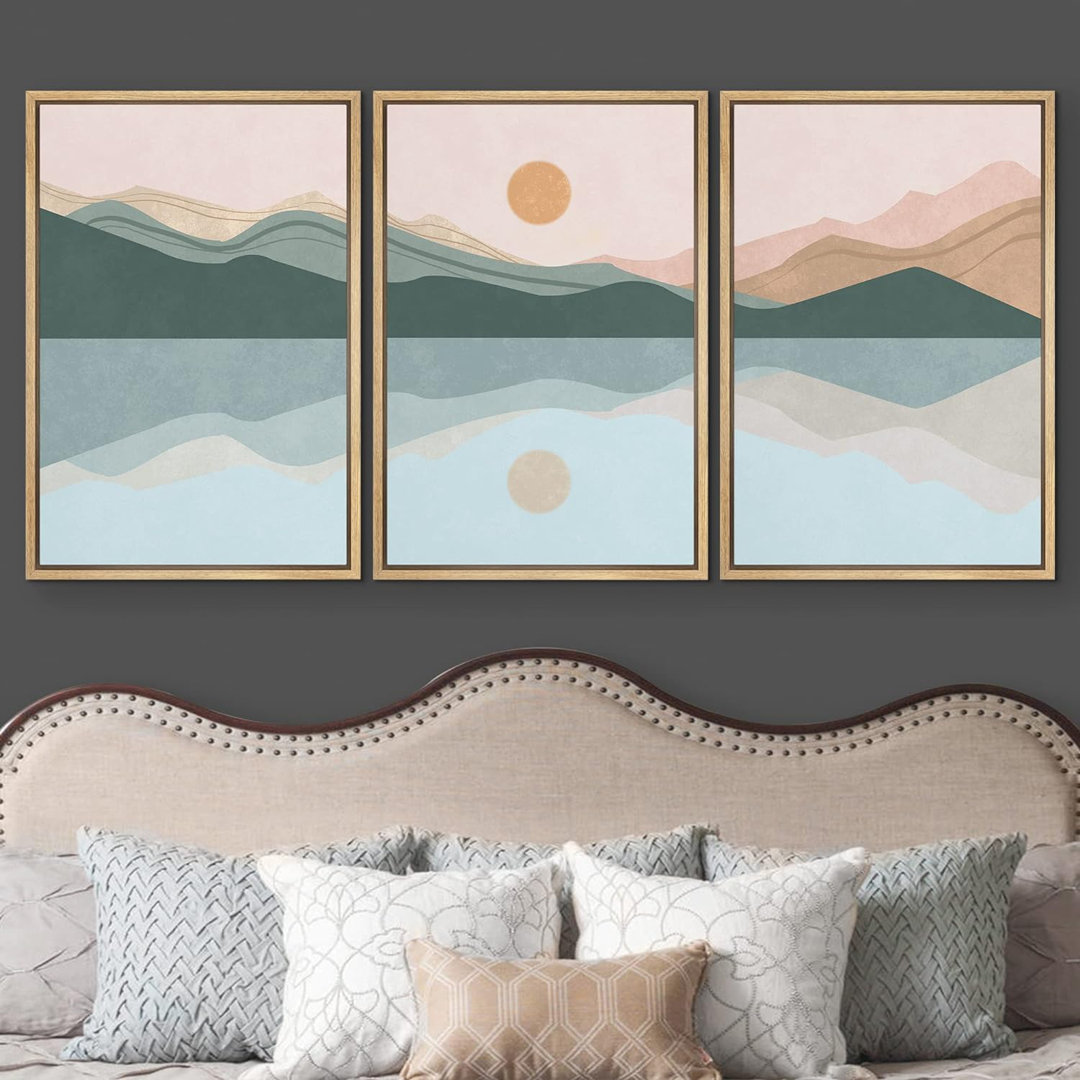 Sun Mountain Landscape " Tropical Ocean Pastel Sun Horizon " 3 - Pieces IDEA4WALL 