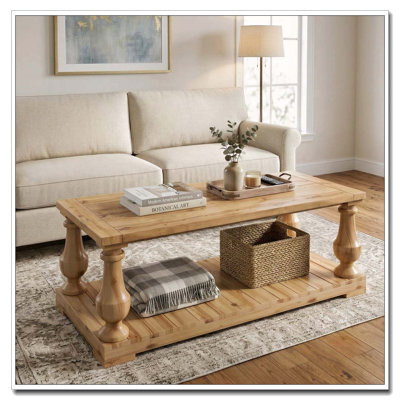 Farmhouse Coffee Table with 2-Tier Storage and Turned Legs