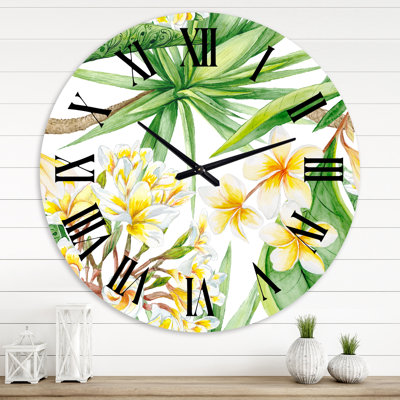 Feuillage tropical et fleurs jaunes I - Horloge murale moderne