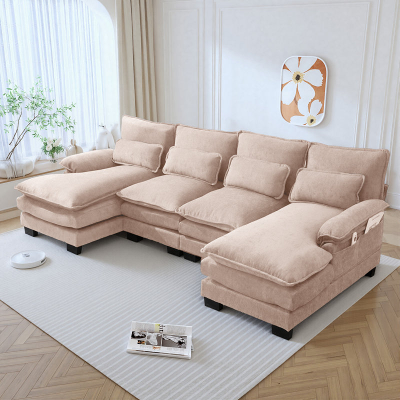 Chenille Sectional Sofa with Double Chaises, Khaki Chenille
