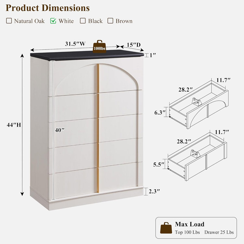 Commode 5 tiroirs pour chambre à coucher avec panneau arqué Modern, Blanc