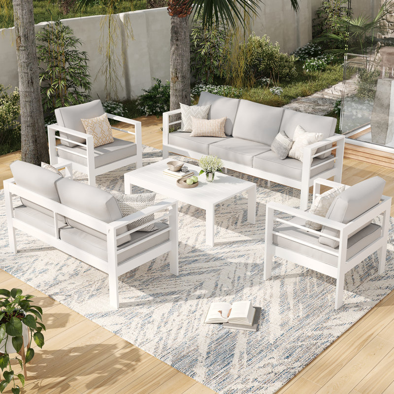 7-Person Aluminum Outdoor Seating Group with Cushions , White Frame / Light Gray Cushion