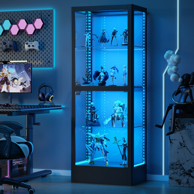 63" Freestanding 4-Sided Glass Display Cabinet With Magnetic LED Light Strip, Black