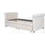 Lit de jour simple rembourré beige avec tiroirs, structure en lattes de bois stables, rangement confortable, structure solide, mobilier de chambre moderne