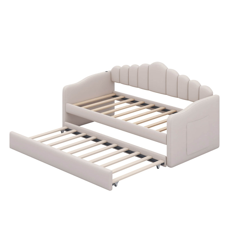 Davein Twin size Upholstered Velvet Sofa bed with Trundle and USB Charging Ports, Beige