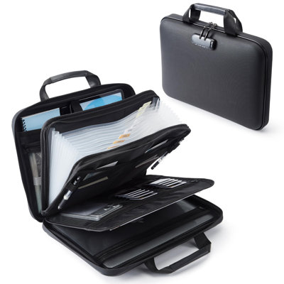 Fire & Water Resistant Document Box 13-Compartment, EVA Hard-Shell File Organizer with Lock, Portable Accordion Storage, Black, 15.5x11.5x3.39 in