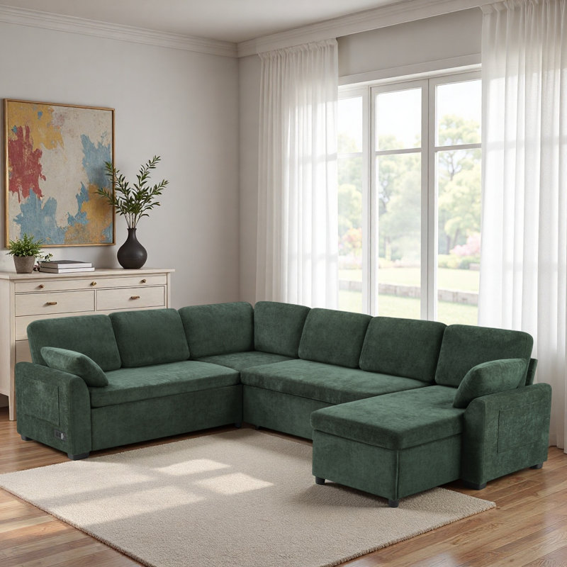 Canapé-lit modulaire convertible avec méridienne réversible, poches de rangement et dispositifs de chargement, Chenille verte