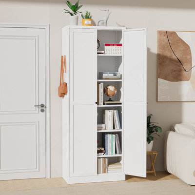 Armoire de cuisine 72 po en métal blanc avec portes, organisateur de rangement autoportant robuste avec 5 tablettes réglables, assemblage sans outils pour garde-manger, cuisine, salle de bain