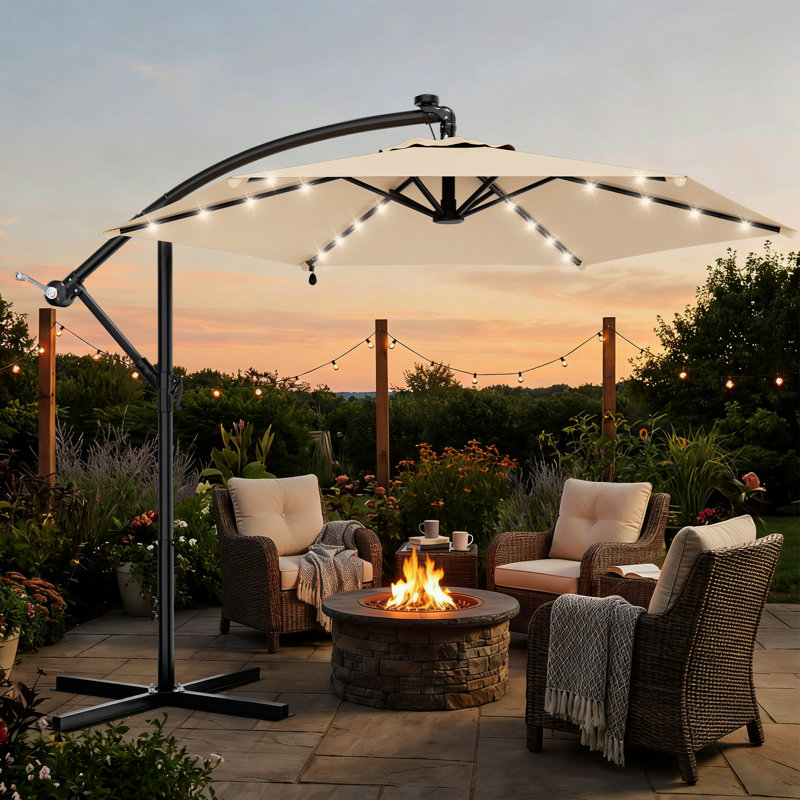 Parasol de terrasse à DEL 10 pi avec réglage de l'inclinaison, 6 nervures robustes et auvent en polyester protégé contre les rayons UV, idéal pour la cour, la piscine, la pelouse et le jardin, beige
