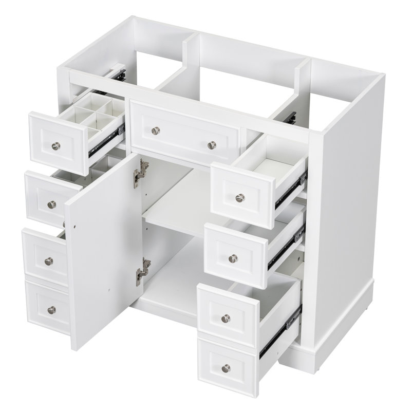 Meuble-lavabo autoportant 36 po avec une armoire et six tiroirs (base d'armoire seulement), Blanc
