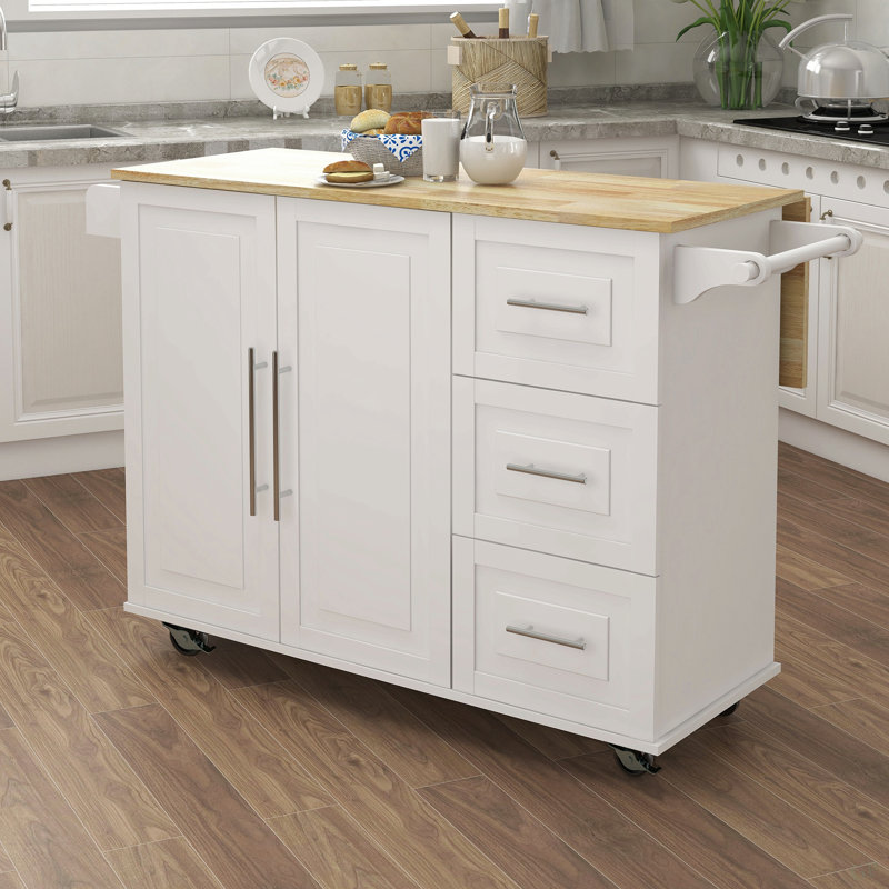Kitchen Island With Spice Rack, Towel Rack And Extensible Solid Wood Table Top, White