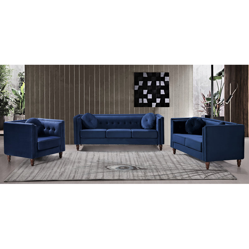 Ensemble de salon standard 3 pièces Evenson, Velours bleu foncé