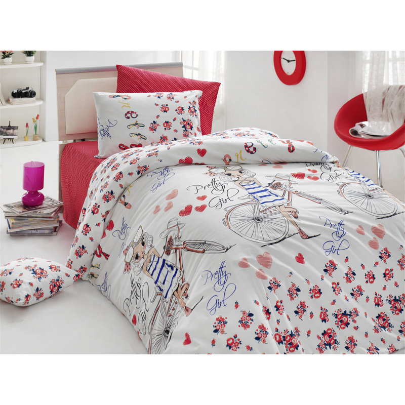 Ensemble de housse de couette 100% coton 3 pièces blanc / rouge / bleu Roxie