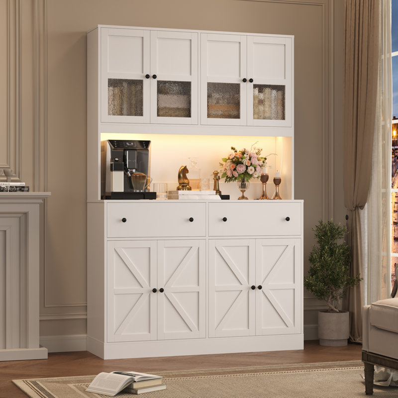 71" Kitchen Pantry with Charging Station, LED Light and Microwave Shelf, Wooden Storage Cabinet, White