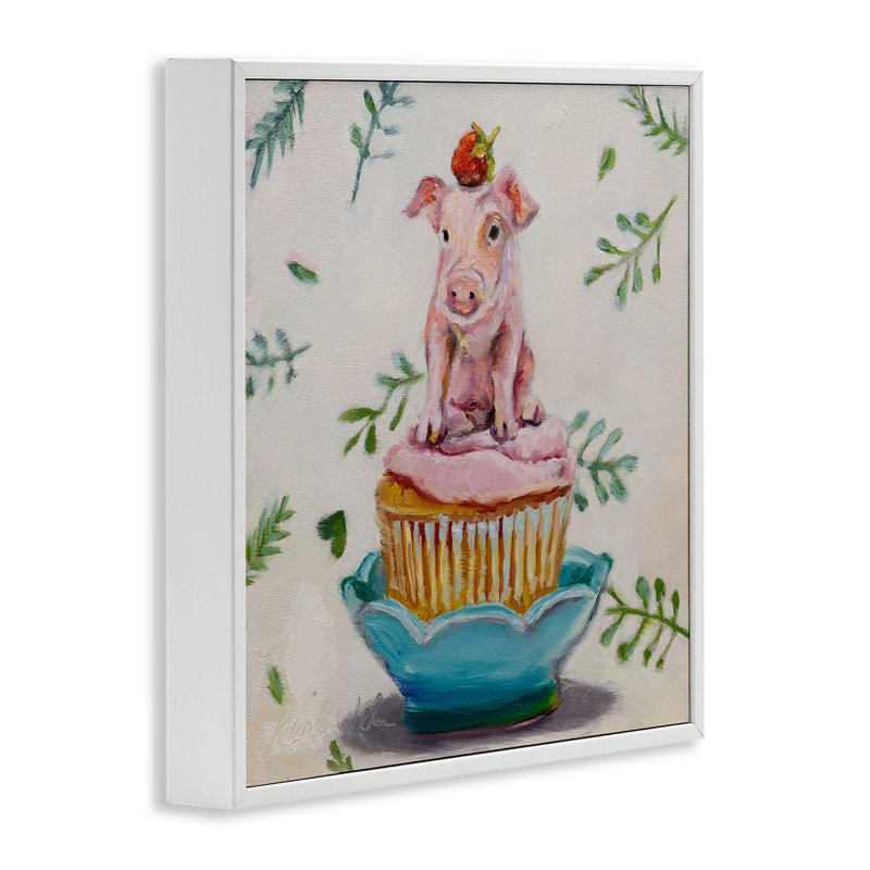 Charmant cochon de tasse de thé sur un gâteau aux fraises - impression, H 24 po x l 24 po, Giclée encadrée blanc bord de mer