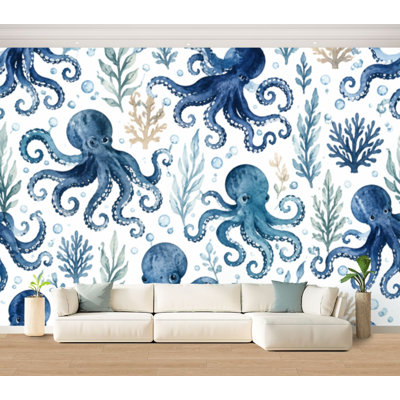 Wall Mural Peel and Stick Wallpaper Octopus seamless watercolor Self-Adhesive Removable Contact Paper Wall Decor for Living Room Bedroom 100"H x 144"W