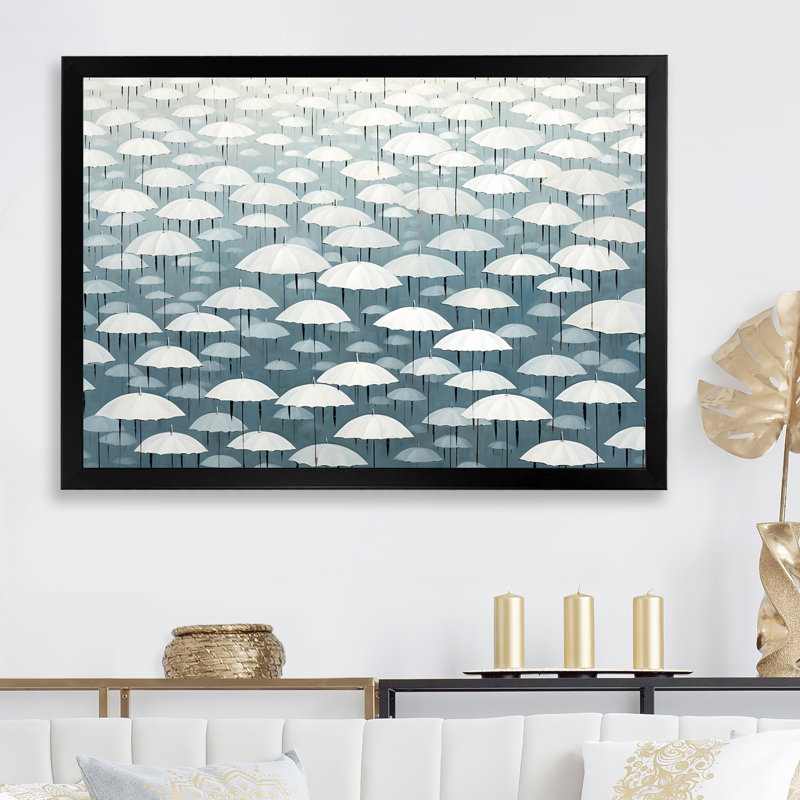 Ciel rempli de parapluies blancs II sur toile, Cadre simple noir, H 34 po x l 44 po x P 1,5 po