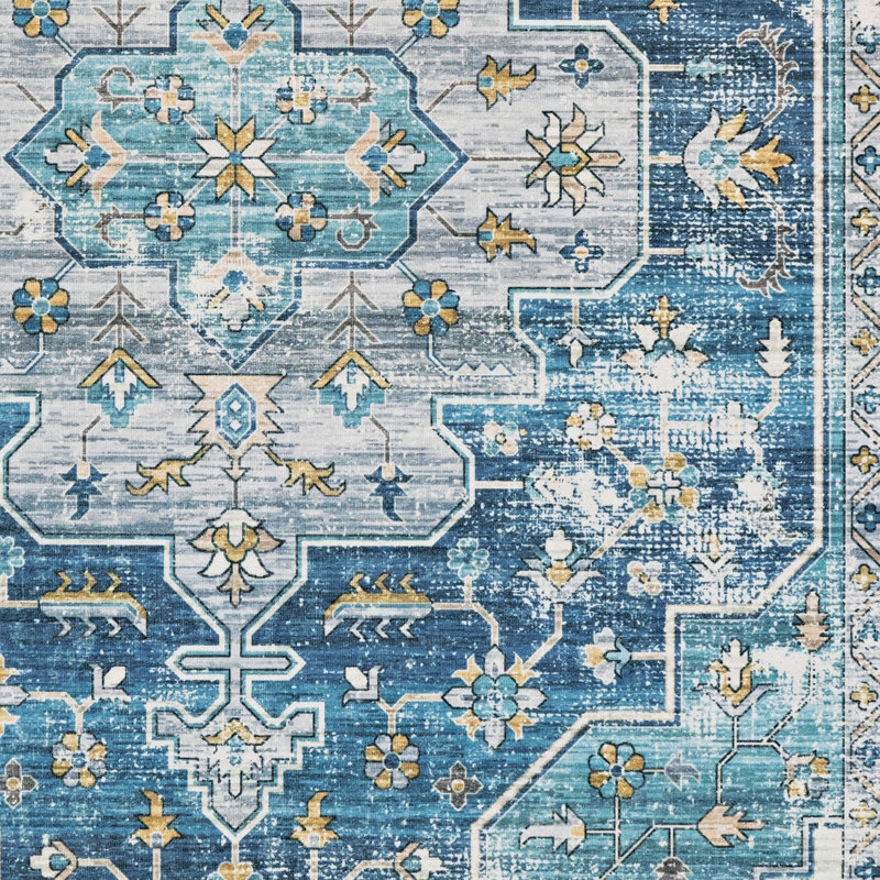 Ducote Washable Teal and Ivory Machine Woven Area Rug, Rectangle 2' x 3'