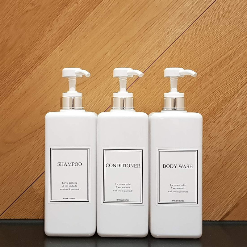 Empty Shower Plastic Bottles with Pump - 27 oz Refillable Shampoo/Conditioner Dispenser Set | Modern Gold Design for Bathroom Lotion, Body Wash | White & Silver 3-Pack