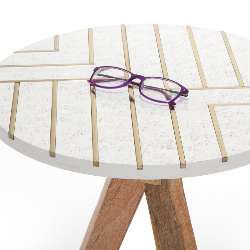 Amari White and Brass Inlay Round Wood Side Table