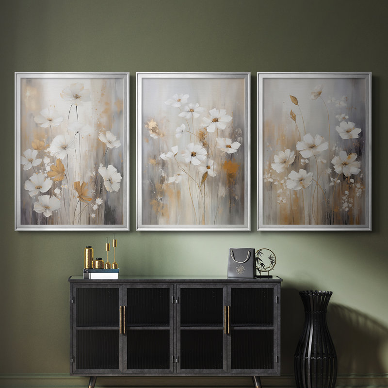 FLORAL Series CCCCX III - Toile tendue avec châssis sur mesure - 3 pièces, H 27 po x l 57 po, Silver