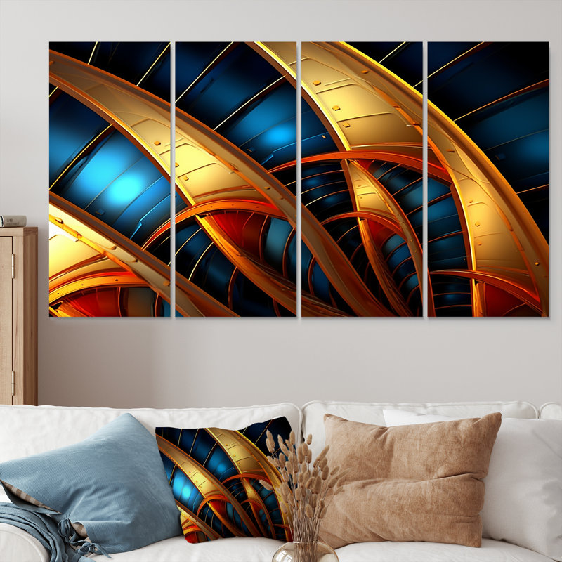 Décoration murale abstraite dorée et bleue - fractale, art mural 4 pièces, H 32 po x l 64 po