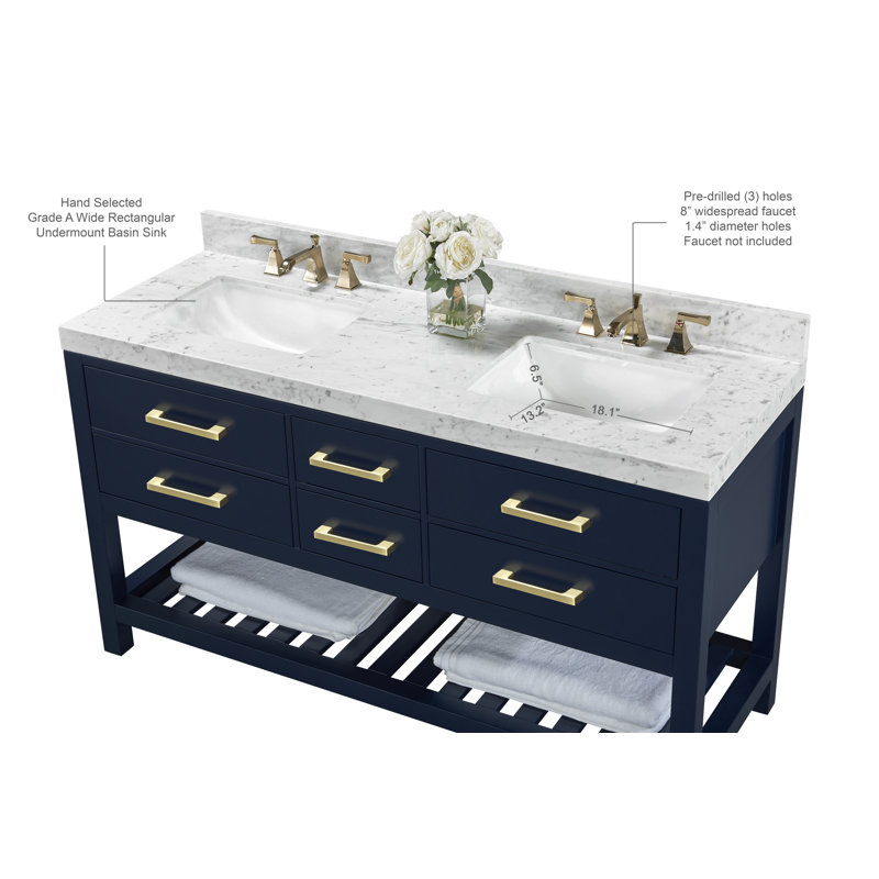 Elizabeth 60 in. Handmade Double Vanity, Heritage Blue/Brushed Gold, Carrara White Marble