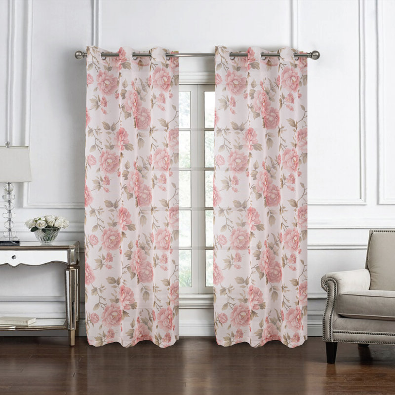 Catrinia Floral Sheer Window Curtain Panel, 54" W x 95" L, Rose