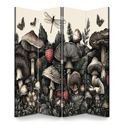 Cloison pliante 4 panneaux Royal Mushroom Fraises Libellules Feuilles Fleurs Toile Séparateur de pièce Autoportant Cloison de protection Cloison d'intimité