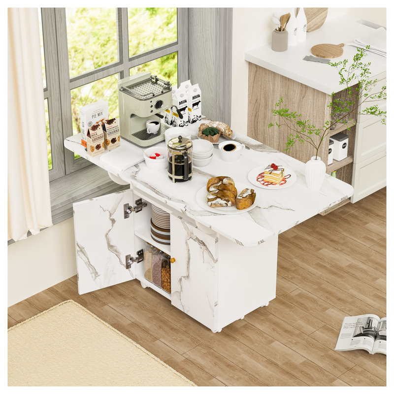47-Inch White MDF Folding Dining Table with Storage Rack and Cabinet