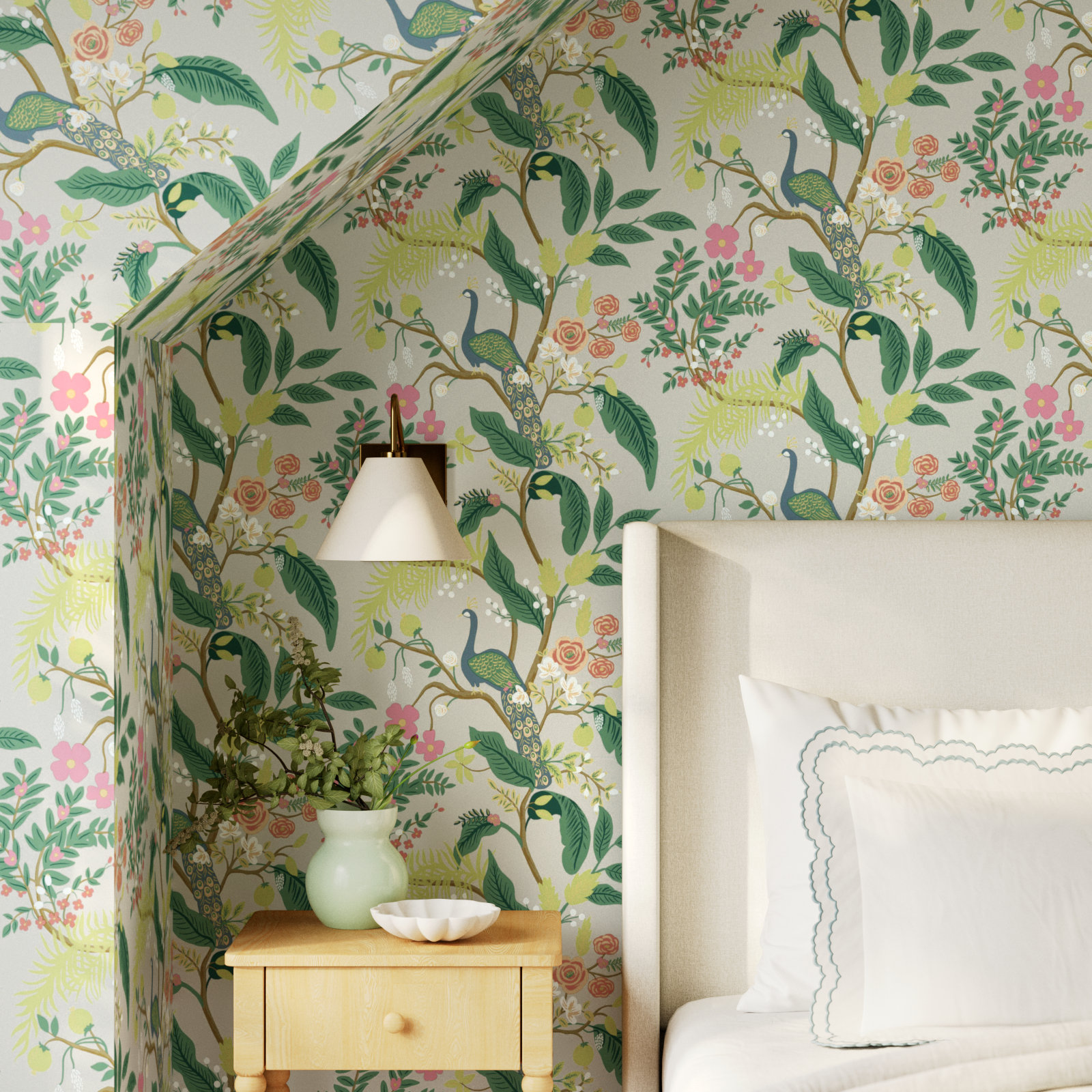 Peacock Wallpaper Roll, Green/Ivory