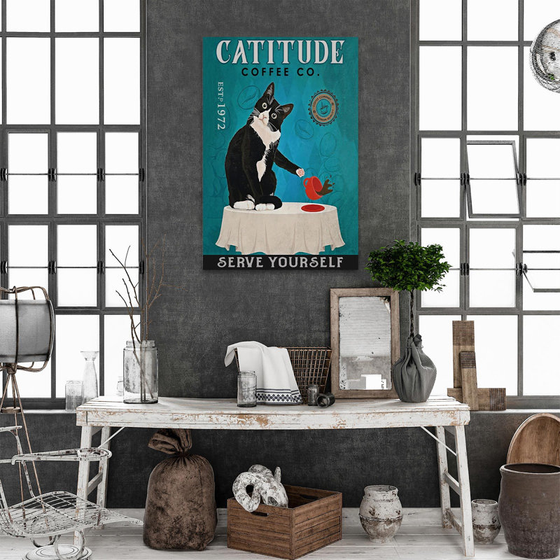 Cattitude Coffee Serve Yourself - 1 pièce, reproduction d'art graphique sur toile tendue, H 36 po x l 24 po x P 1,25 po