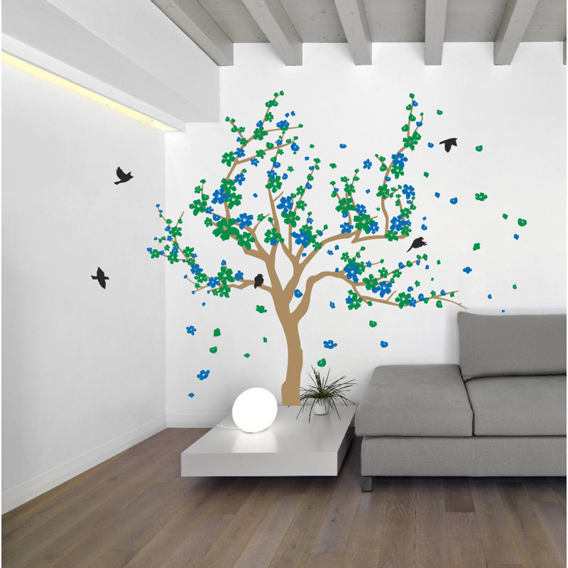 Adhésif décoratif cerisier japonais, Brun pâle / vert / bleu, H 38 x l 59 po x P 0,01 po