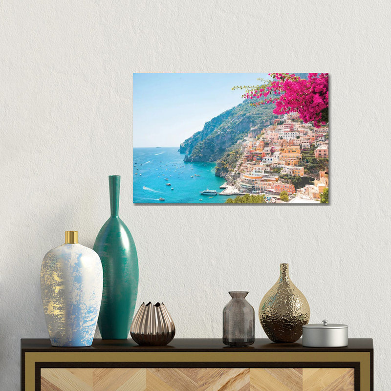 «Perfectly Pink Positano Beach» - Estampe numérique sur toile tendue avec châssis, H 12 po x l 18 po