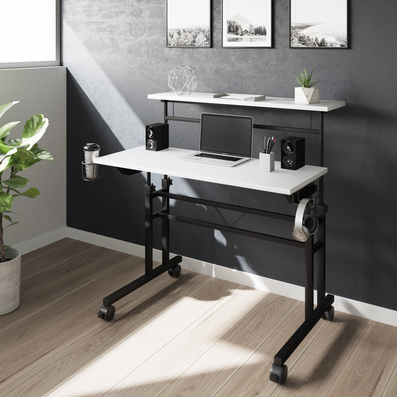 Bureau d'écriture roulant avec hauteur réglable et tablette mobile, Blanc