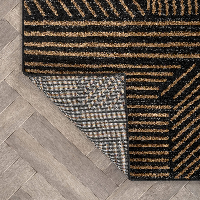 Tapis géométrique noir / ivoire Rambo, Rectangle 7 pi 10 po x 10 pi, Camel