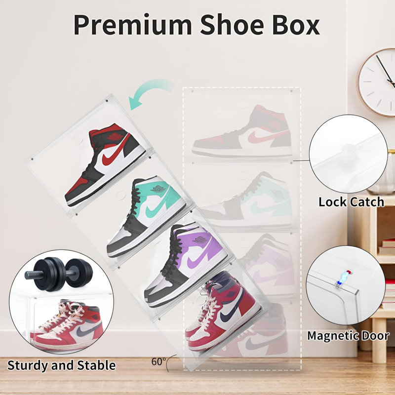 Large Shoe Boxes Plastic Stackable, 8 Pack Drop Side Shoe Storage Boxes With Magnetic Door, Shoe Storage Organizer Sneaker Storage Display Fit Up To US Size 13