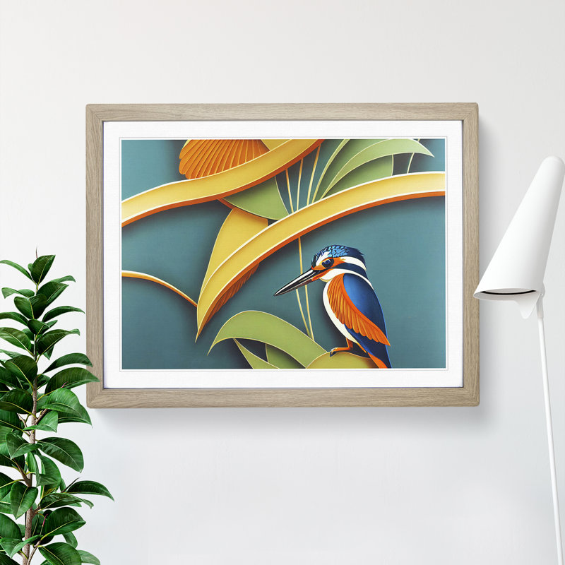 Kingfisher Deco Style - Framed Print, 25cm H x 34cm W x 2cm D, Oak