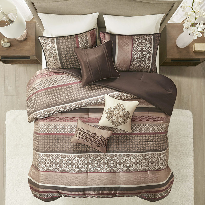 Édredon grand lit rouge 7 pièces - style traditionnel, coussins décoratifs inclus pour un magnifique imprimé géométrique