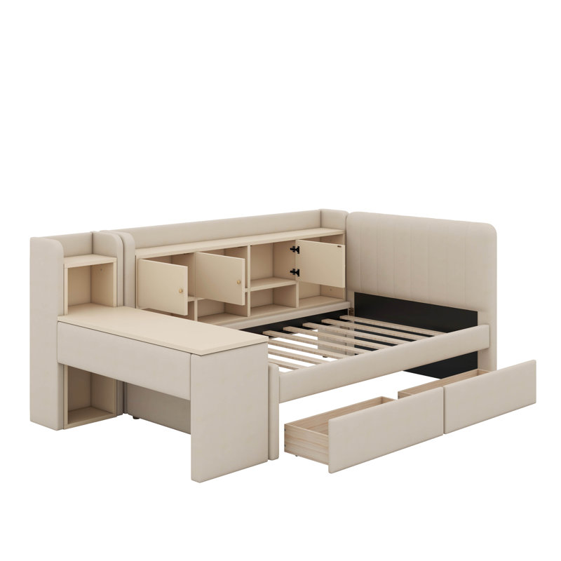 Twin Size Upholstered Daybed With Drawers, Shelves & Side Table, Beige