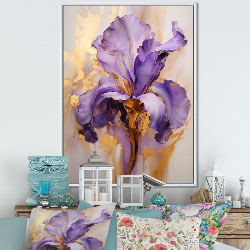 Iris doré - Rêve mauve - iris, art mural grand format, H 20 po x l 12 po x P 1 po, Cadre flottant blanc