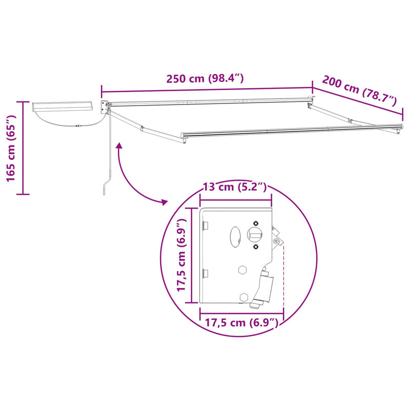 VidaXL Polyester Cover Retractable Patio Awning, 250cm W x 200cm D, White