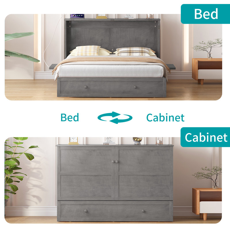 Queen Murphy Bed Cabinet with Storage Drawer,Space-Saving Wall Beds for Home, Office, Guest Room, Gray