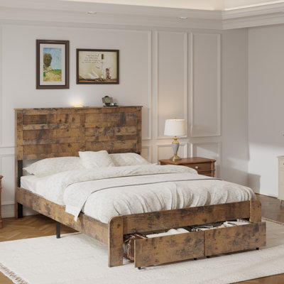 Full-size Rustic Platform Bed Frame with LED Lighting Headboard